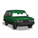 a green car with black wheels and a white face is a cartoon character from cars .