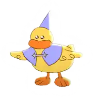 a yellow duck wearing a blue cape and a wizard hat