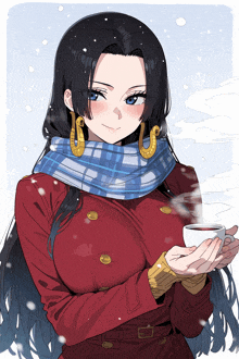 a woman wearing a red coat and scarf is holding a cup of coffee