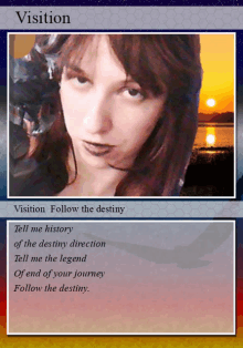 a picture of a woman with the words " visition follow the destiny " below it