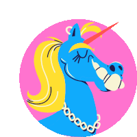 a blue unicorn with a yellow mane and a chain around its neck