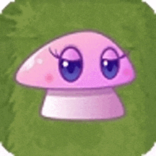 a pink mushroom with blue eyes is sitting on a green field .