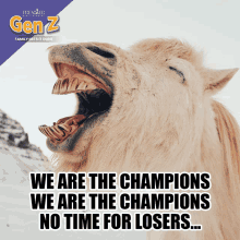 a picture of a horse with its mouth open and the words " we are the champions we are the champions no time for losers " below it