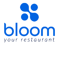 a logo for bloom your restaurant with a blue flower in the center