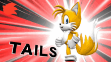 tails from sonic the hedgehog stands in front of a red and white background