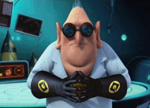 a cartoon character wearing goggles and gloves with the letter g on his arm