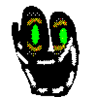 a pixel art drawing of a black and white glove with green eyes and yellow teeth .