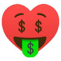 a heart with dollar signs on its eyes and a green tongue sticking out