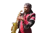 a woman playing a saxophone in a marching band uniform with the letter u on the front