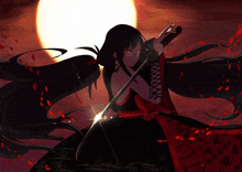 a girl with long black hair is holding a sword in front of the sun