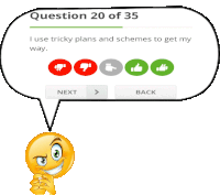 a cartoon smiley face stands in front of a question 20 of 35