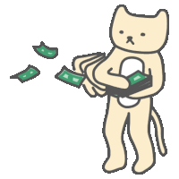 a cartoon cat is holding a wallet with money flying out of it 's pockets