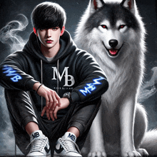 a boy wearing a black mb hoodie sits next to a husky