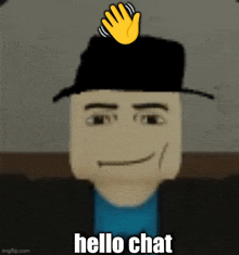 a cartoon character with a hat and a hand on his head that says hello chat