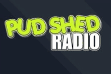 the logo for pud shed radio is green and white on a dark background .