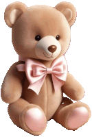 a brown teddy bear with a pink bow around his neck