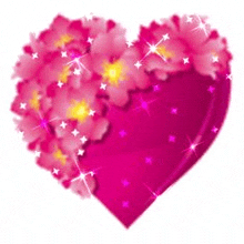 a pink heart surrounded by pink flowers on a white background .