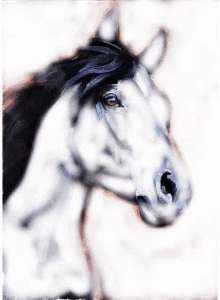 a painting of a horse with a black mane