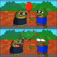 a cartoon of a frog holding a red balloon and another frog holding a kite