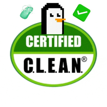 a certified clean logo with a penguin and a check mark