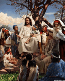 a painting of jesus sitting under a tree with a child in his lap