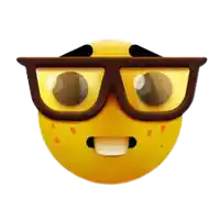 a cartoon smiley face wearing glasses with a surprised look on his face