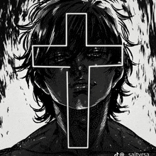 a black and white drawing of a person with a cross in front of their face