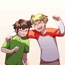 two cartoon boys are standing next to each other and smiling .