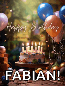 a birthday cake with candles and the name fabian