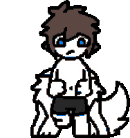 a pixel art drawing of a furry character with blue eyes and a thumbs up .