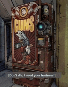 a vending machine that says " guns " on the front