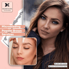 an advertisement for microblading powder brows services with a picture of a woman