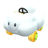 a toy car that looks like a cloud with yellow wheels and a black steering wheel