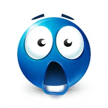 a blue smiley face with big eyes and a surprised look on his face .