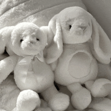 a teddy bear and a bunny stuffed animal are sitting next to each other