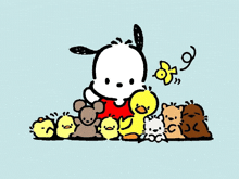 a cartoon drawing of a dog surrounded by chickens