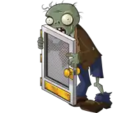 a cartoon drawing of a zombie holding a door