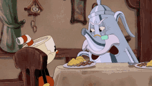 two cartoon characters are sitting at a table with food