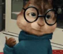 a chipmunk wearing glasses and a blue sweater is waving .