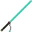 a turquoise sword with a black handle and a chain attached to it on a white background .