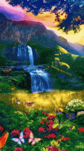 a waterfall surrounded by flowers and butterflies with a sunset in the background