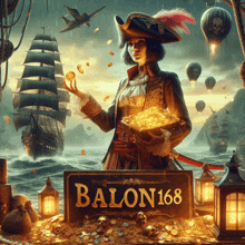 a woman in a pirate costume is holding a treasure chest in front of a sign that says balon 168