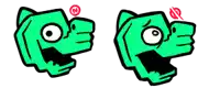 two green cartoon characters with their mouths open and a red circle on their eyes .