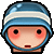 a cartoon character wearing a blue helmet with a white stripe on it .