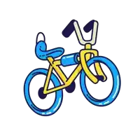 a drawing of a yellow and blue bicycle with the letter v on the handlebars