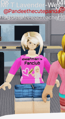 a girl wearing a pink shirt that says beefman 's fanclub on it