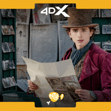 a man in a top hat is reading a newspaper with 4dx on the bottom