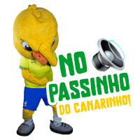 a mascot with the words no passinho do canarinho on the bottom