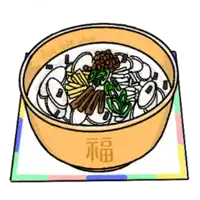 a drawing of a bowl of rice cake soup on a colorful mat