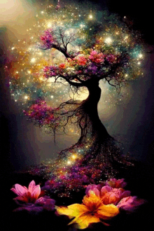 a colorful painting of a tree with flowers and stars